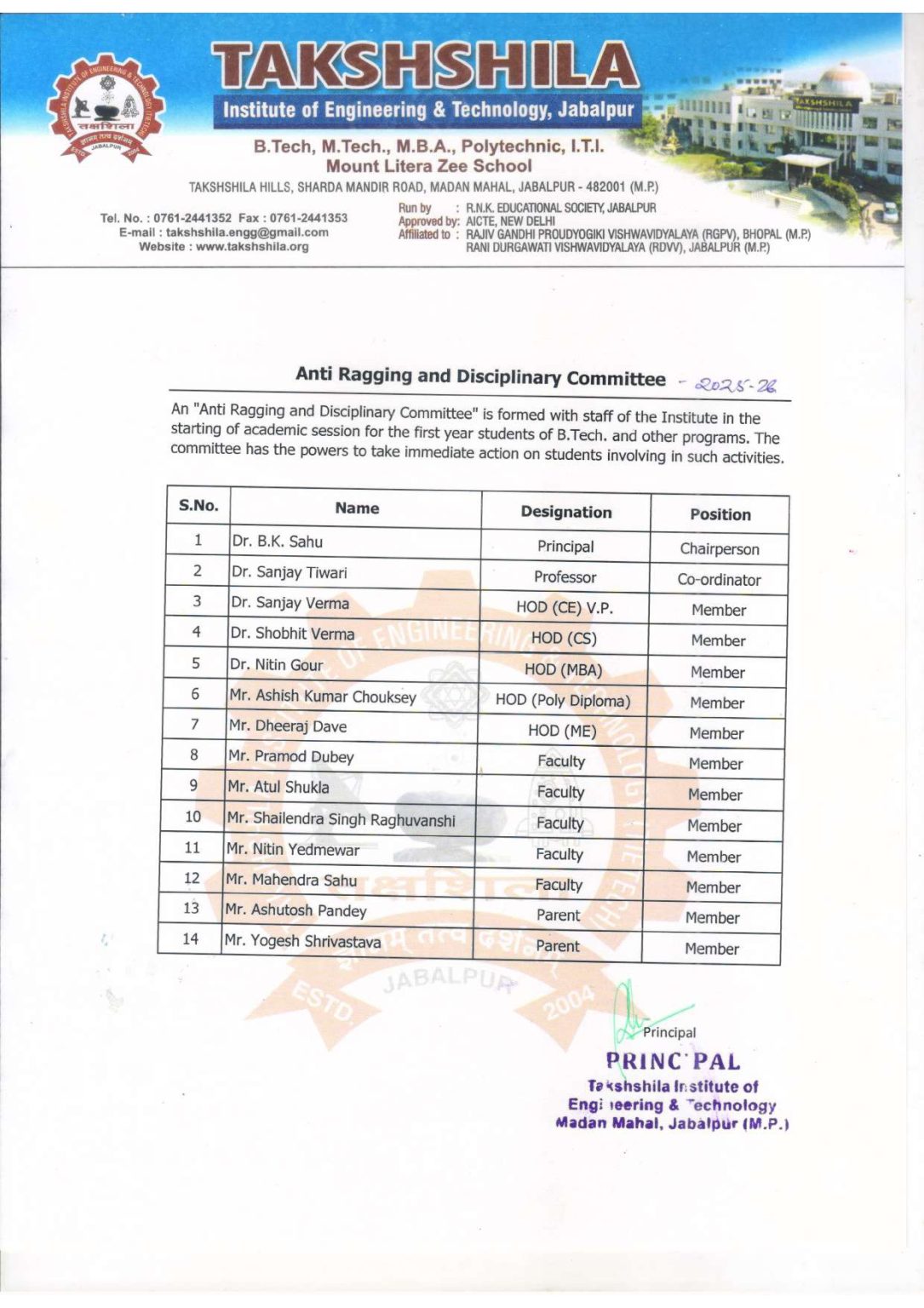 Anti Ragging Committee Numbers Anti-Ragging Committee – Takshshila